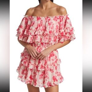 Misa Los Angeles pink flower ruffle off the shoulder dress size small